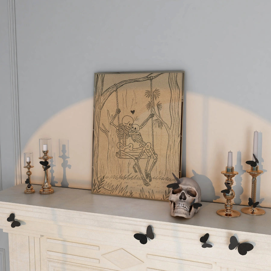 Stampa di coppia di scheletri su altalena – Arte romantica gotica di Halloween