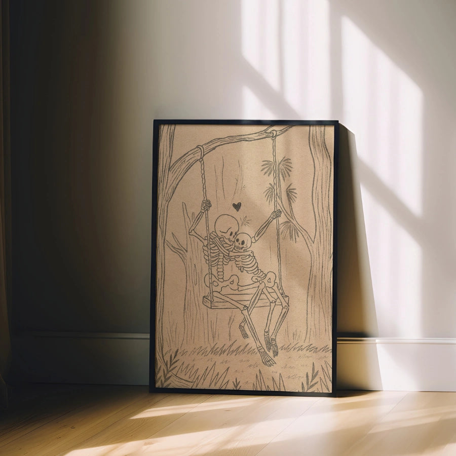 Stampa di coppia di scheletri su altalena – Arte romantica gotica di Halloween