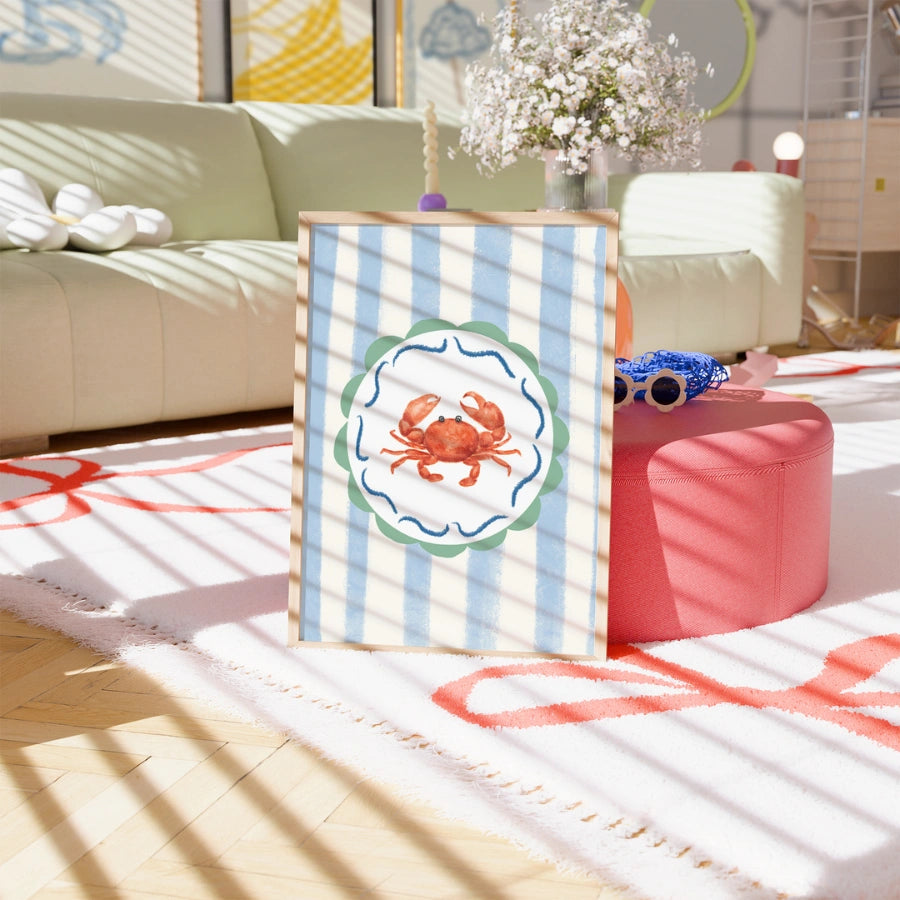 Arte murale costiera con granchio - Stampa estiva sulla spiaggia