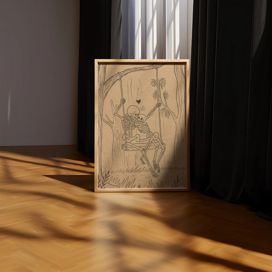 Stampa di coppia di scheletri su altalena – Arte romantica gotica di Halloween