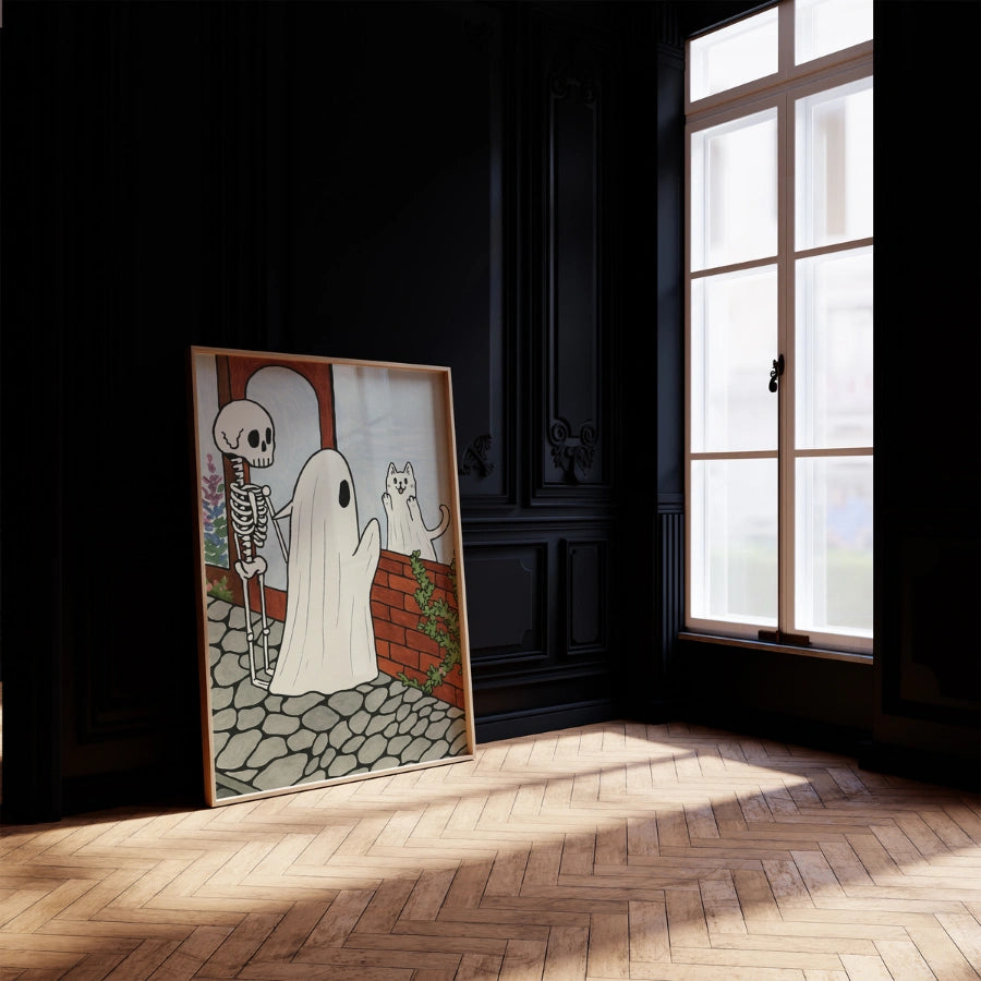 Graziosa stampa di fantasmi e scheletri di Halloween – Arte di gatti stravaganti