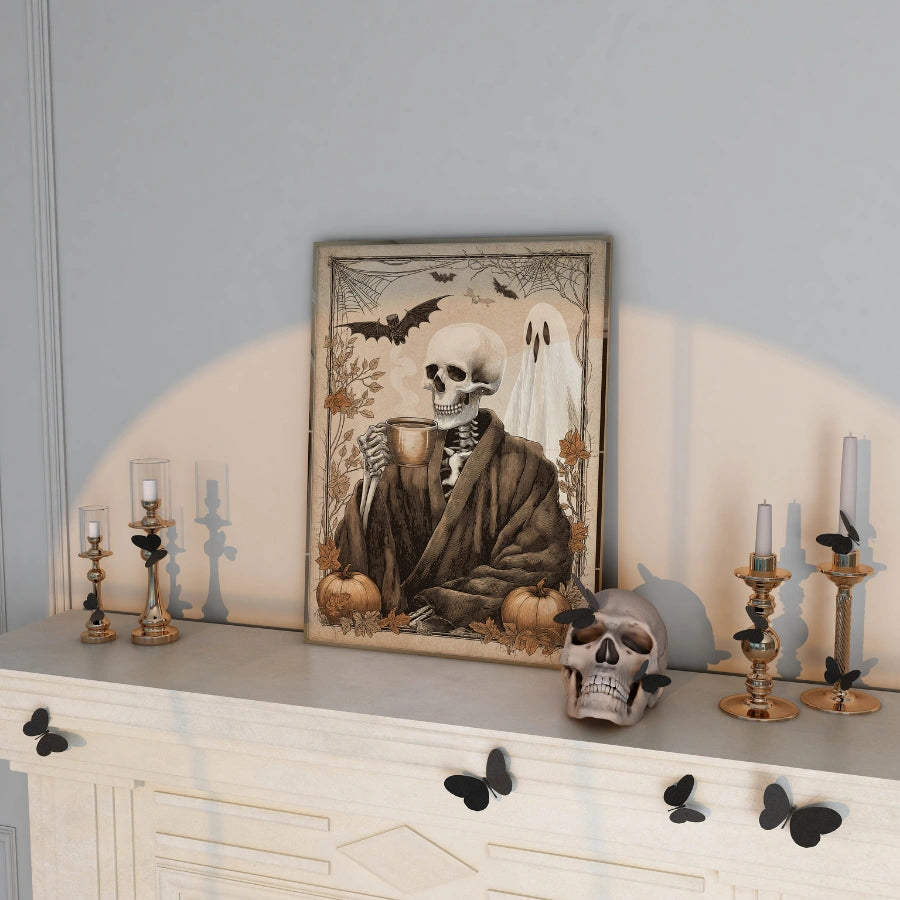 Stampa di Halloween con scheletro di caffè – Arte murale spettrale vintage