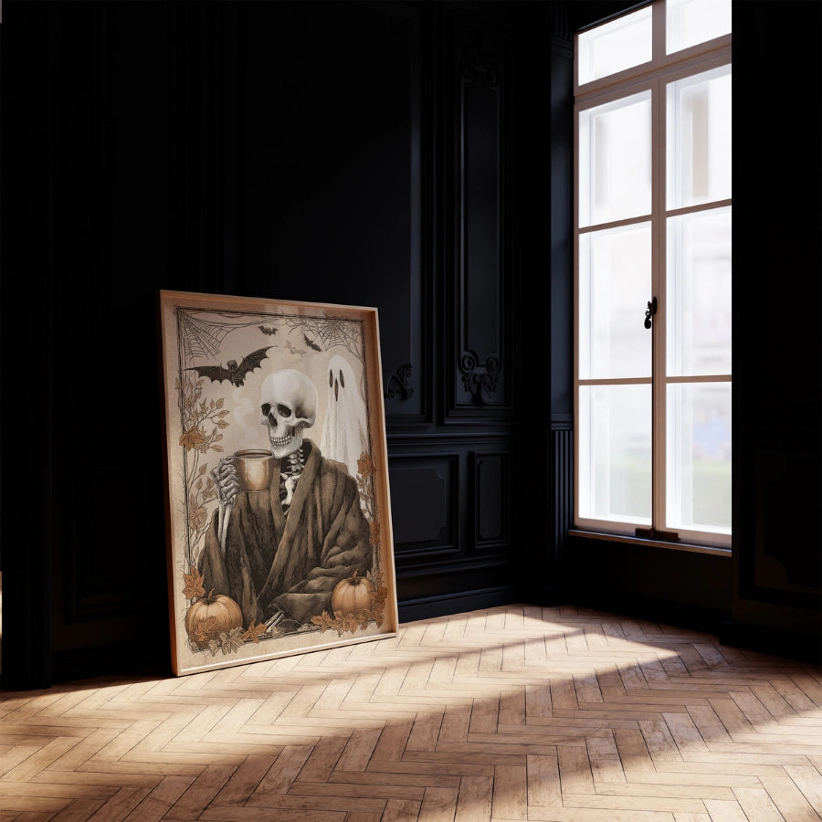 Stampa di Halloween con scheletro di caffè – Arte murale spettrale vintage