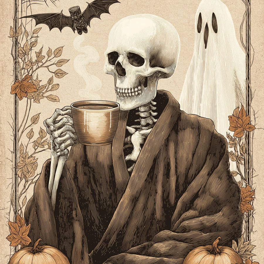 Stampa di Halloween con scheletro di caffè – Arte murale spettrale vintage