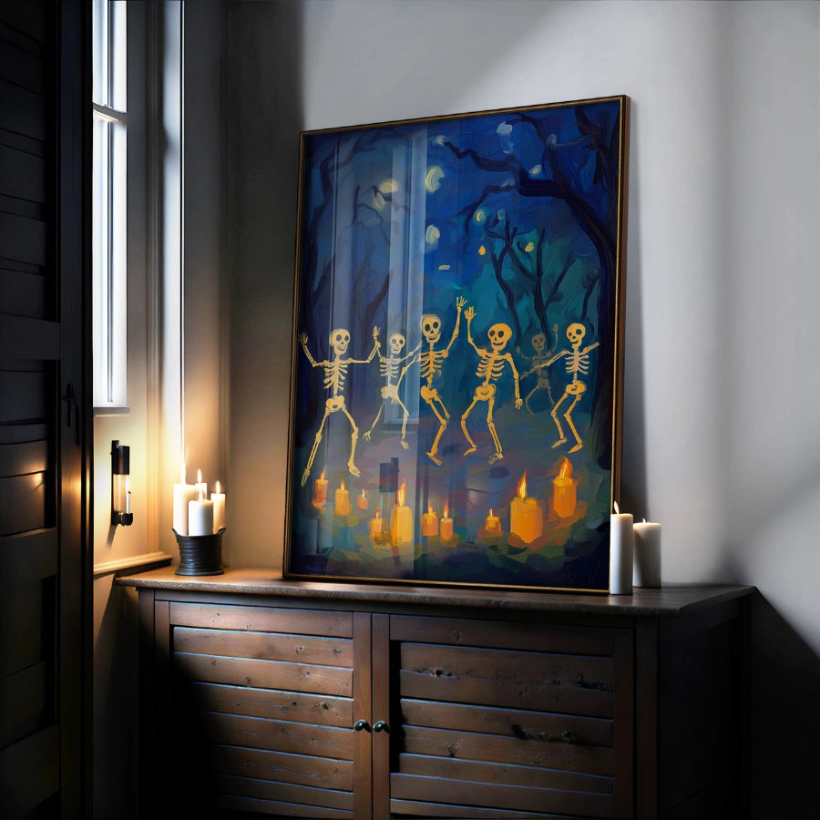 Stampa di Halloween con scheletri danzanti – Arte murale della foresta spettrale