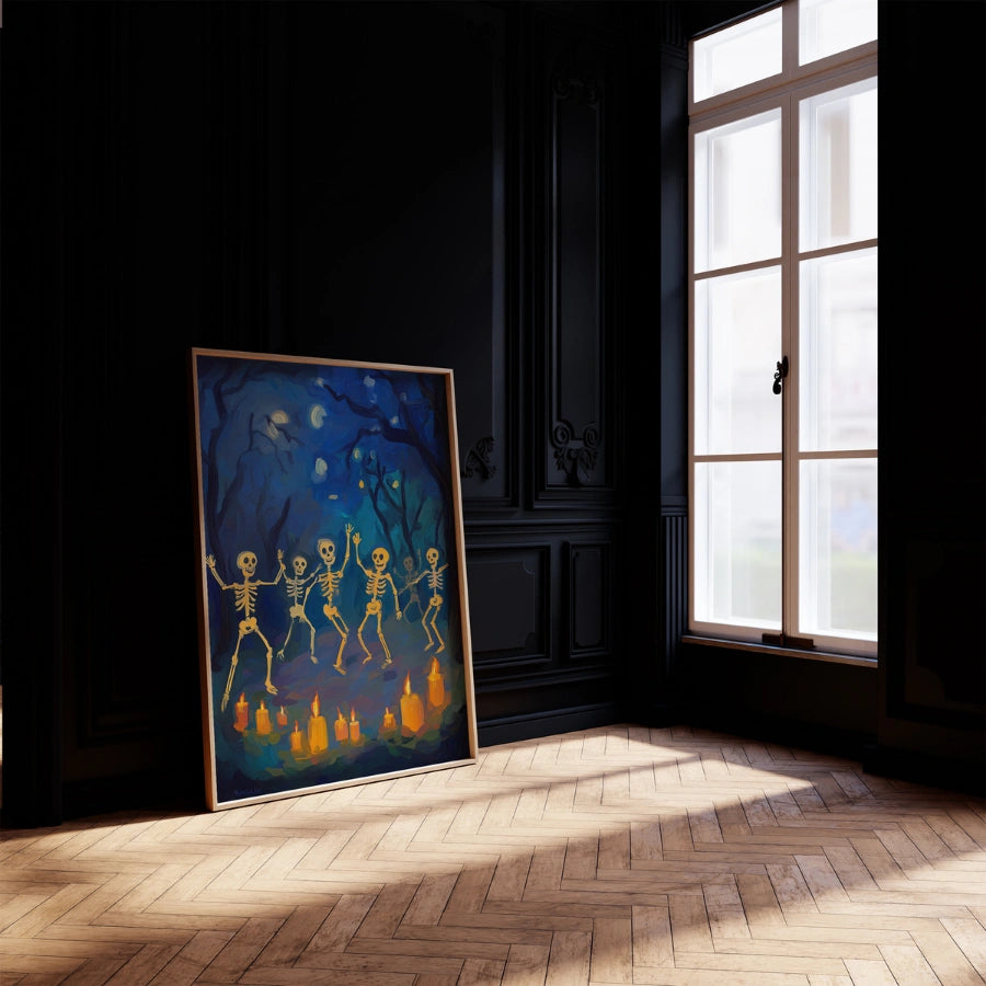 Stampa di Halloween con scheletri danzanti – Arte murale della foresta spettrale