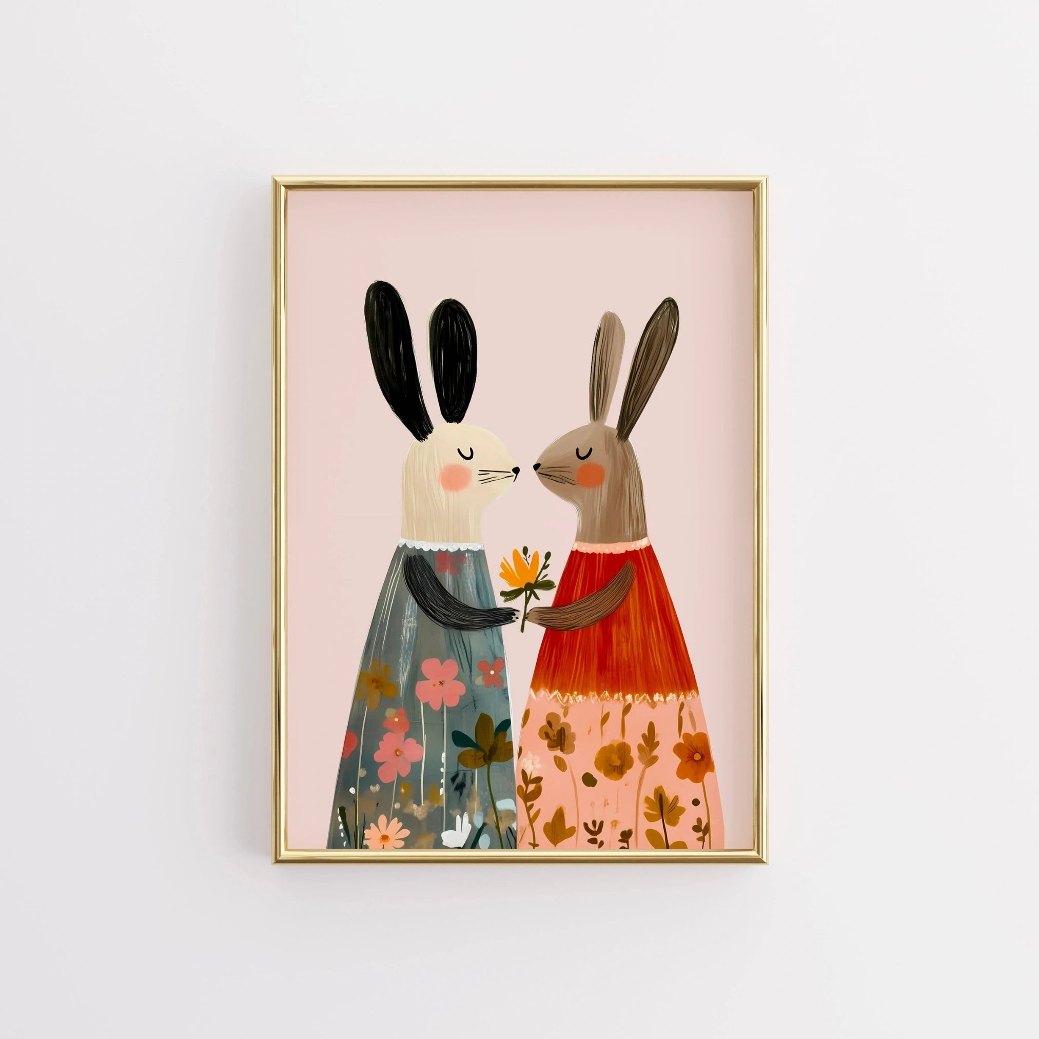 Bunny Friends Wall Art – Stampa per cameretta di coniglietti stravaganti in abiti floreali