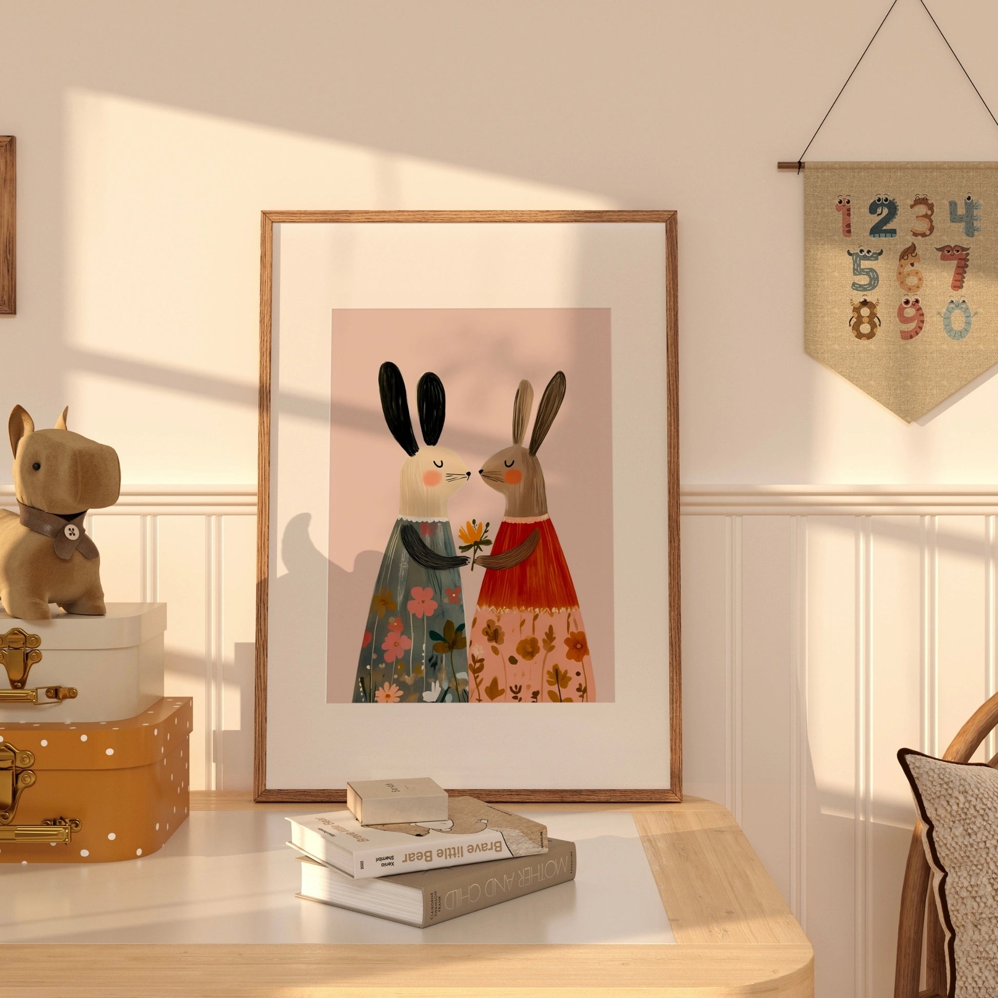 Bunny Friends Wall Art – Stampa per cameretta di coniglietti stravaganti in abiti floreali