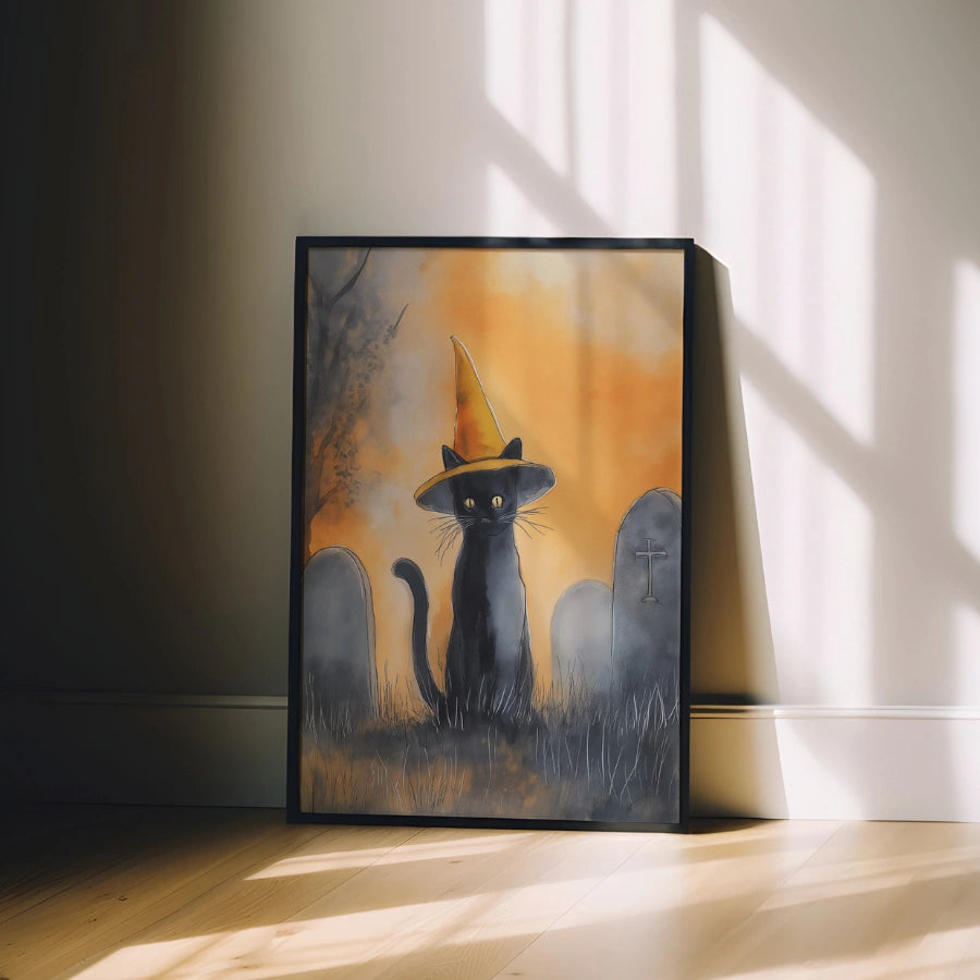 Stampa di Halloween con gatto nero – Decorazione murale con gatto strega