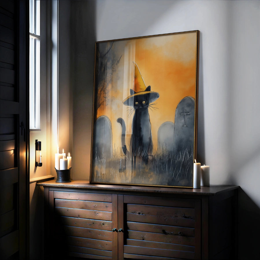 Stampa di Halloween con gatto nero – Decorazione murale con gatto strega