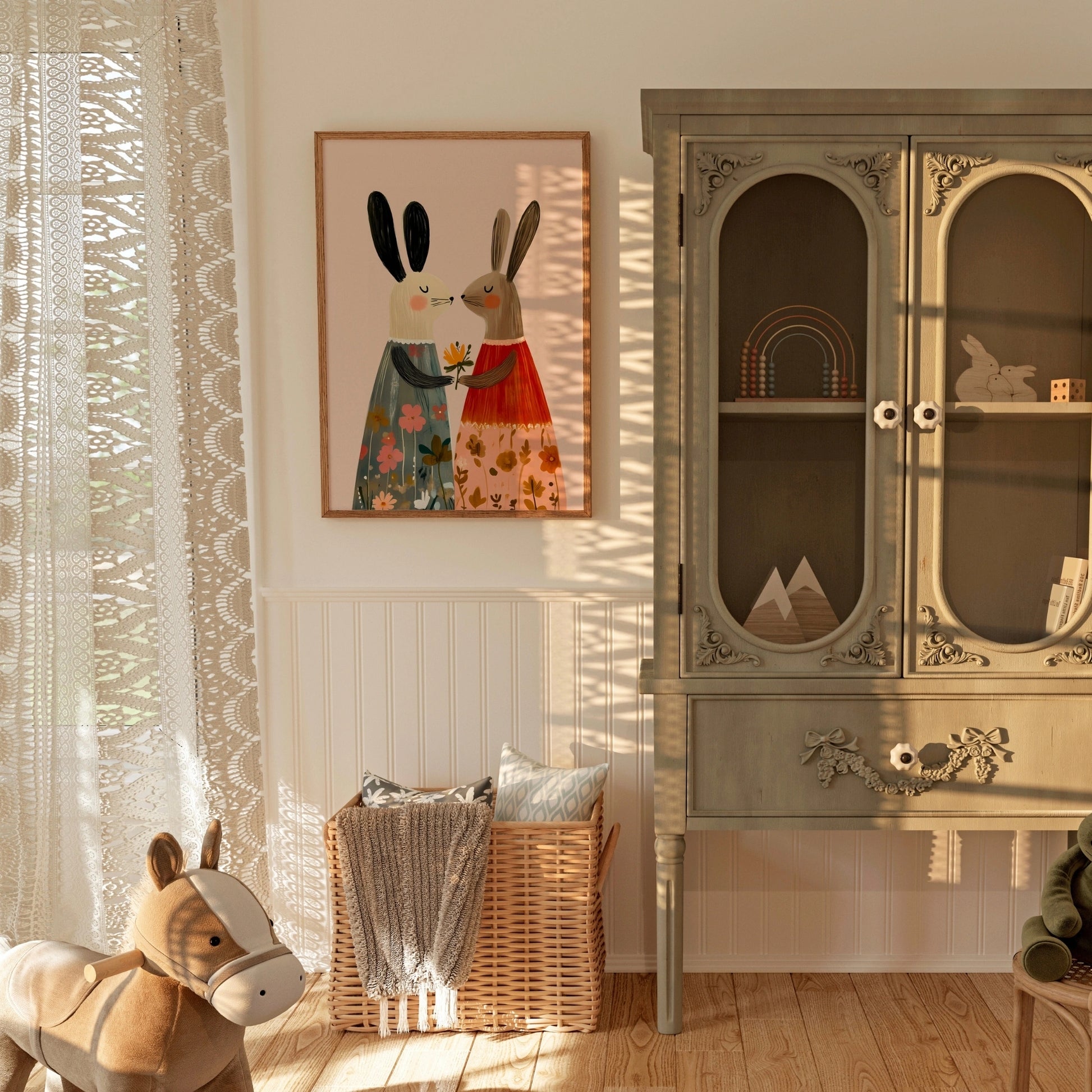 Bunny Friends Wall Art – Stampa per cameretta di coniglietti stravaganti in abiti floreali