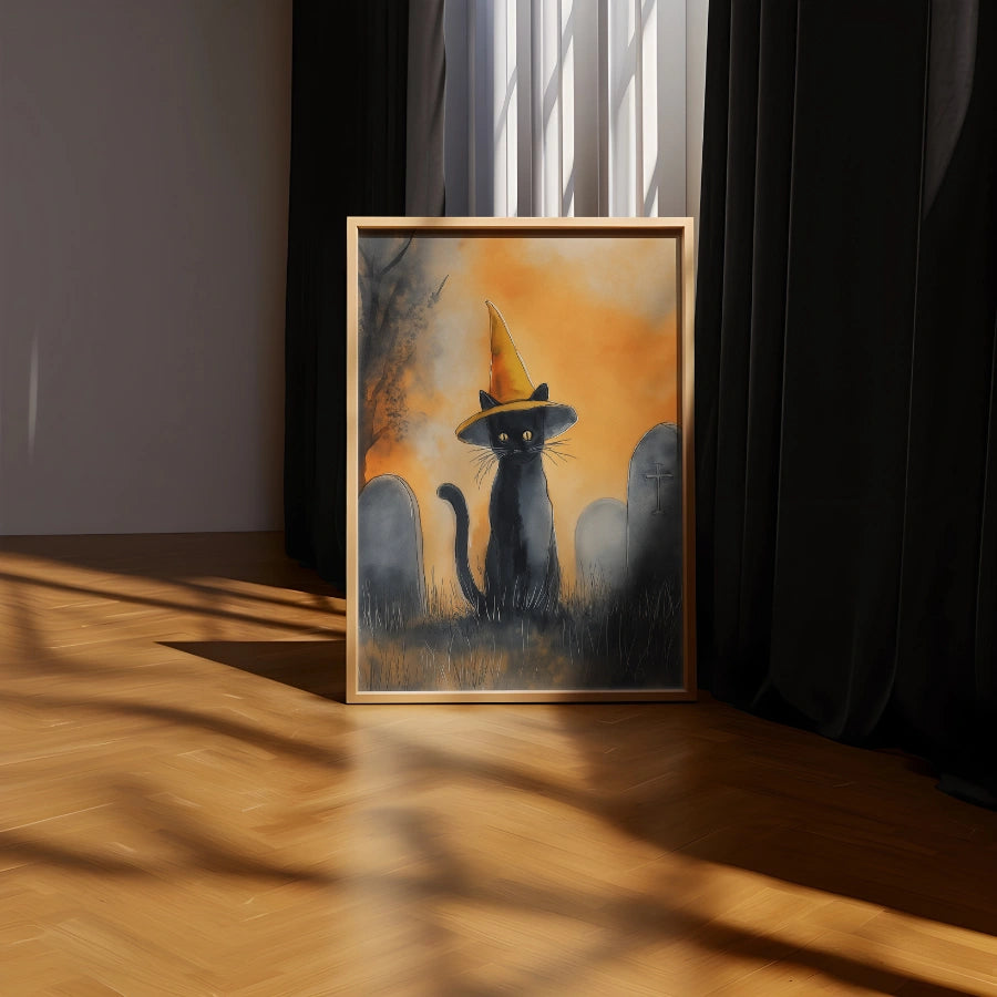 Stampa di Halloween con gatto nero – Decorazione murale con gatto strega