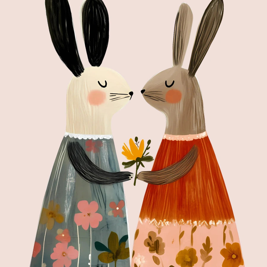 Bunny Friends Wall Art – Stampa per cameretta di coniglietti stravaganti in abiti floreali