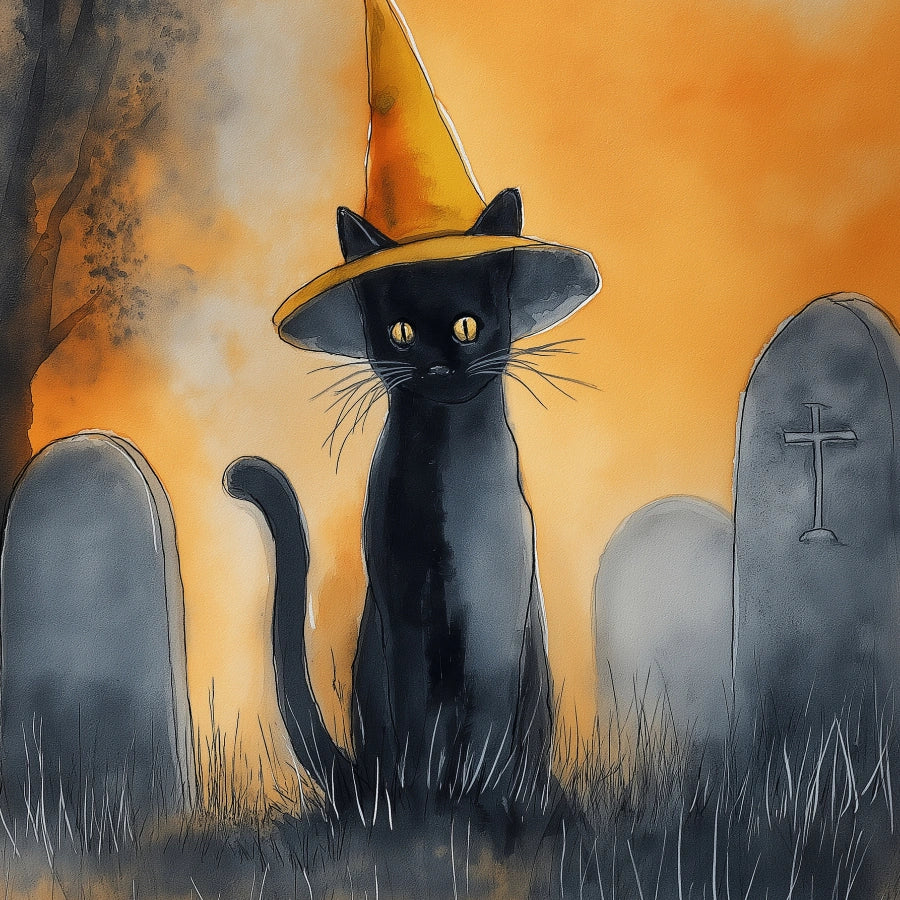 Stampa di Halloween con gatto nero – Decorazione murale con gatto strega