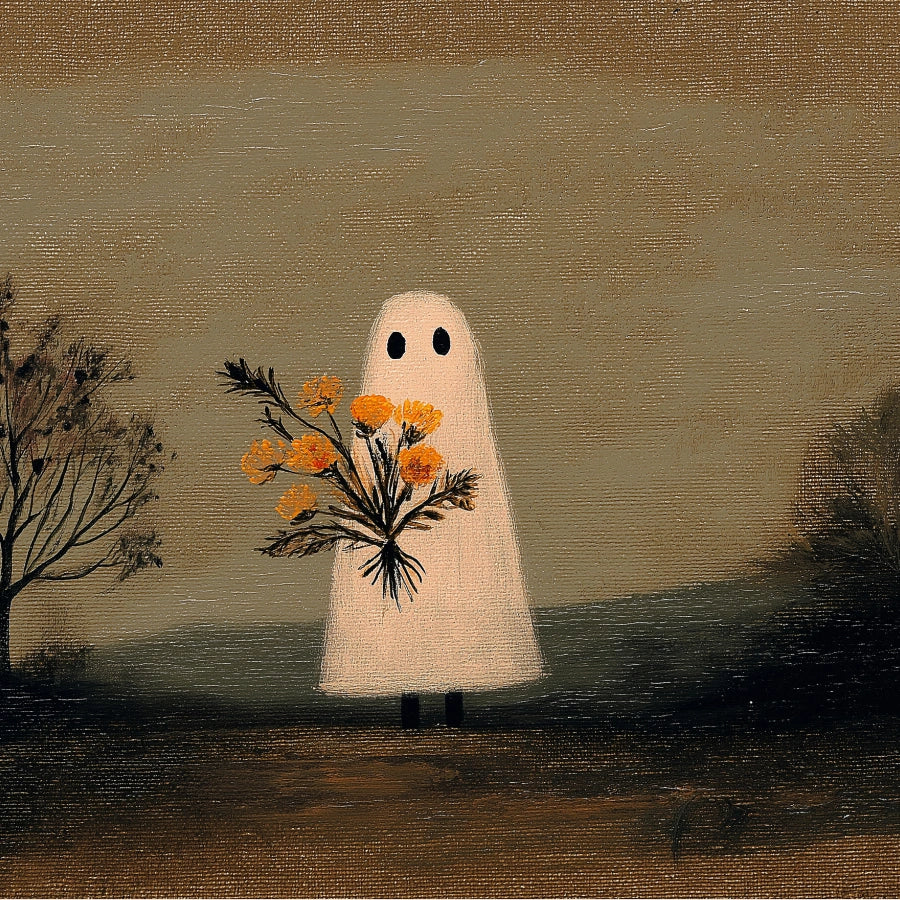 Stampa di Halloween con fantasma e fiori – Arte popolare autunnale