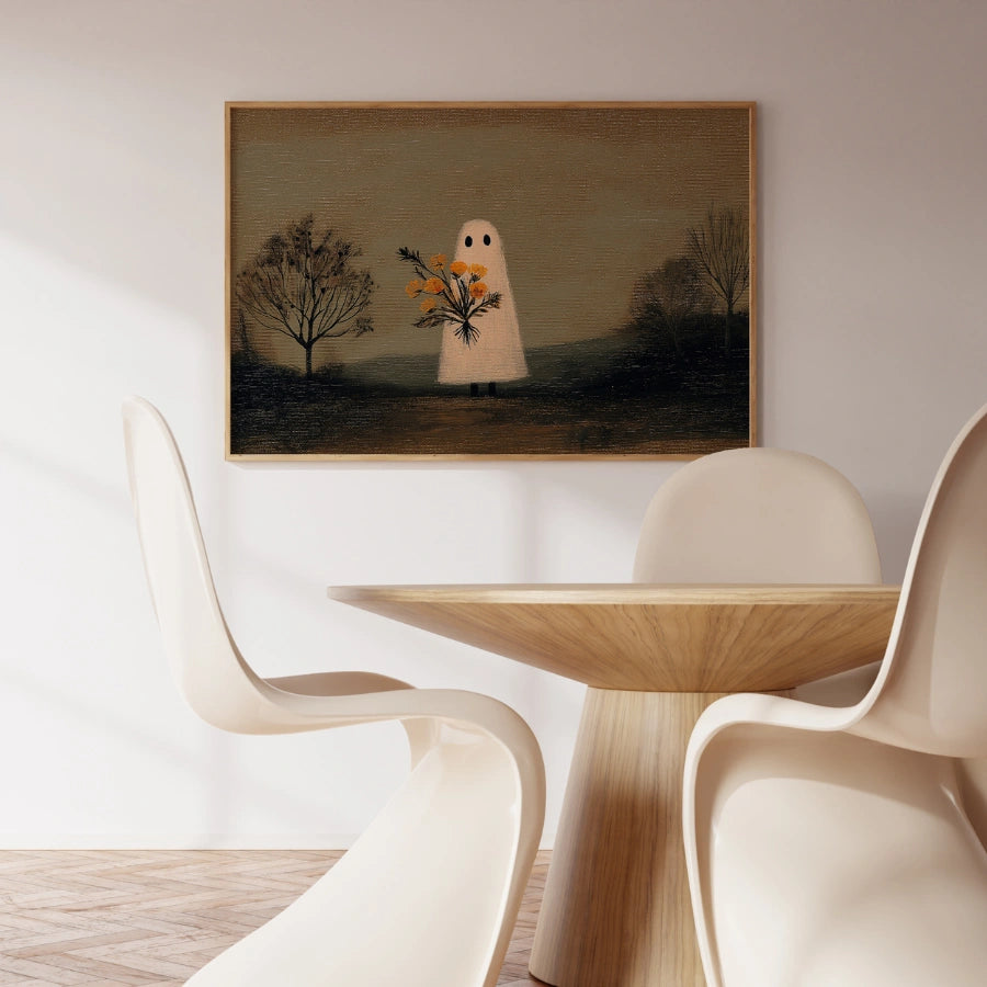 Stampa di Halloween con fantasma e fiori – Arte popolare autunnale