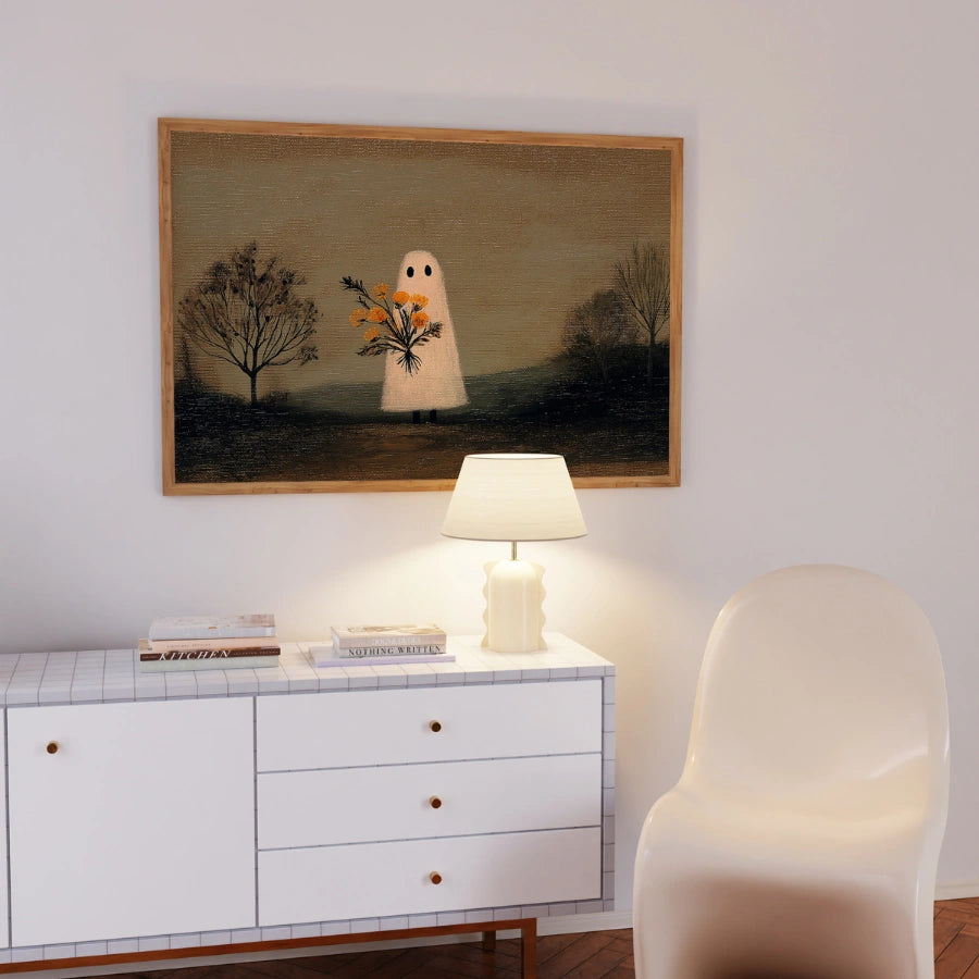 Stampa di Halloween con fantasma e fiori – Arte popolare autunnale