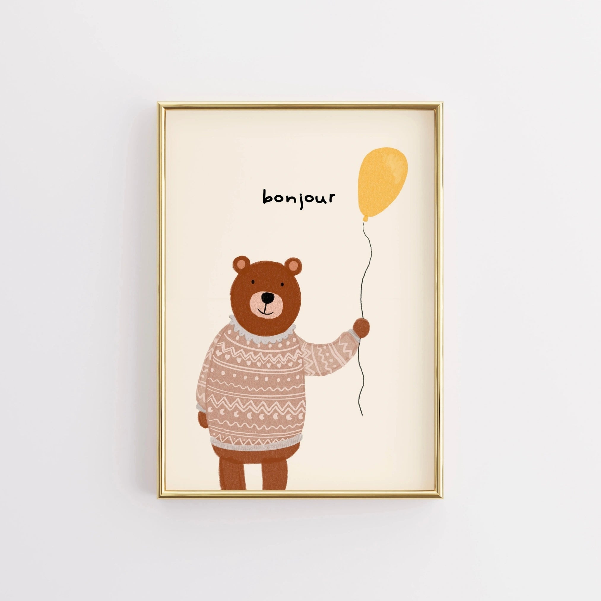 Bonjour Bear Wall Art – Graziosa stampa per la cameretta dei bambini con maglione e palloncino