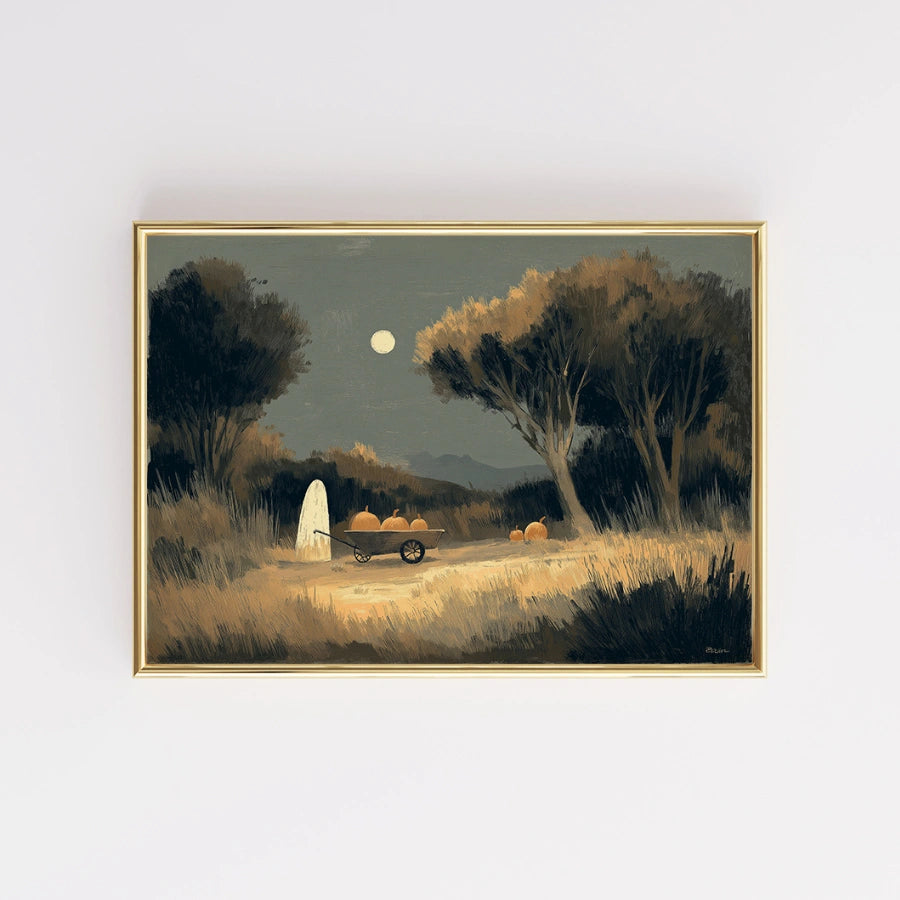 Stampa di Halloween con fantasmi e zucche – Arte popolare della notte autunnale