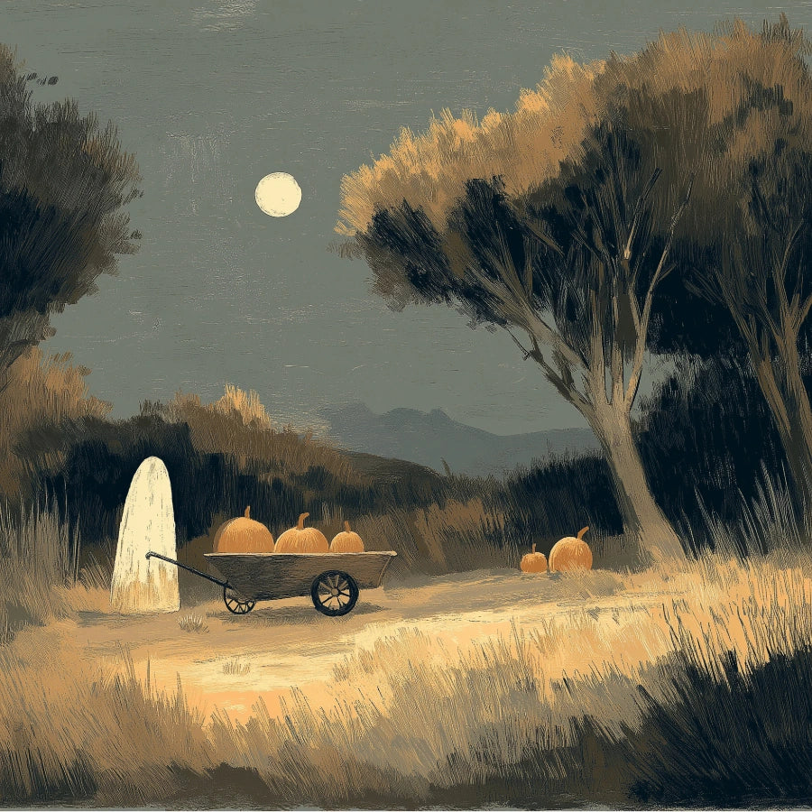 Stampa di Halloween con fantasmi e zucche – Arte popolare della notte autunnale