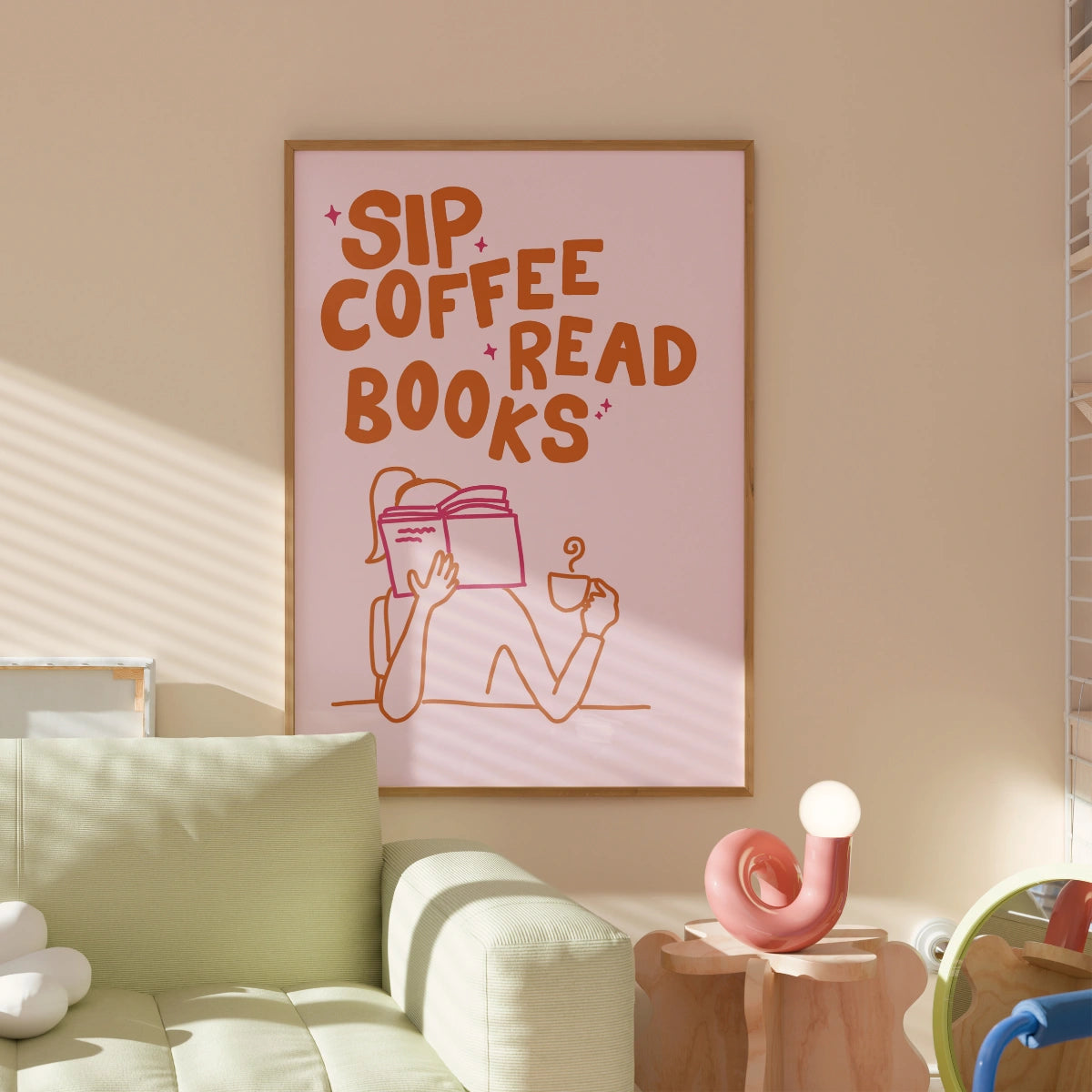 Sorseggia un caffè, leggi libri, stampa – Poster di lettura accogliente