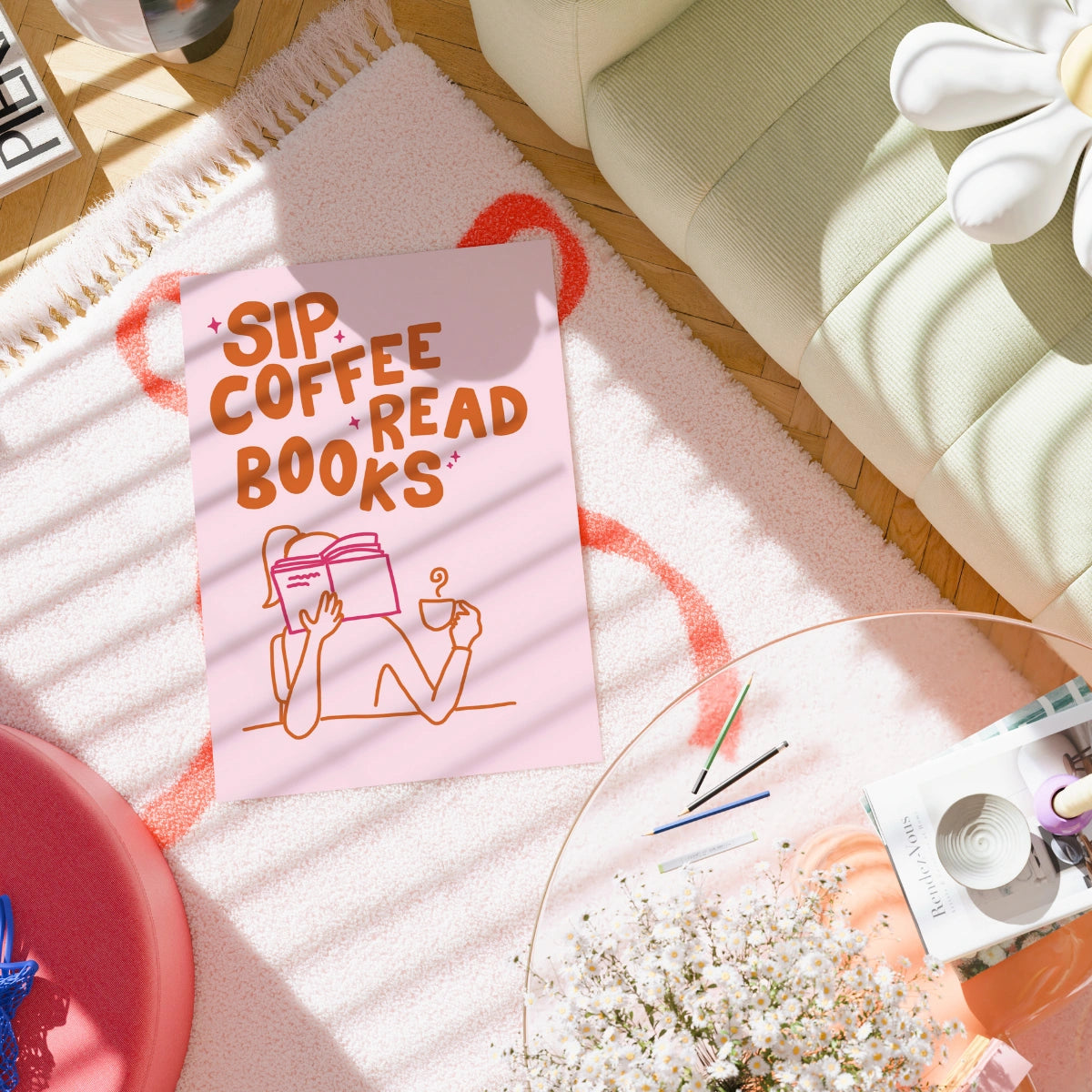 Sorseggia un caffè, leggi libri, stampa – Poster di lettura accogliente
