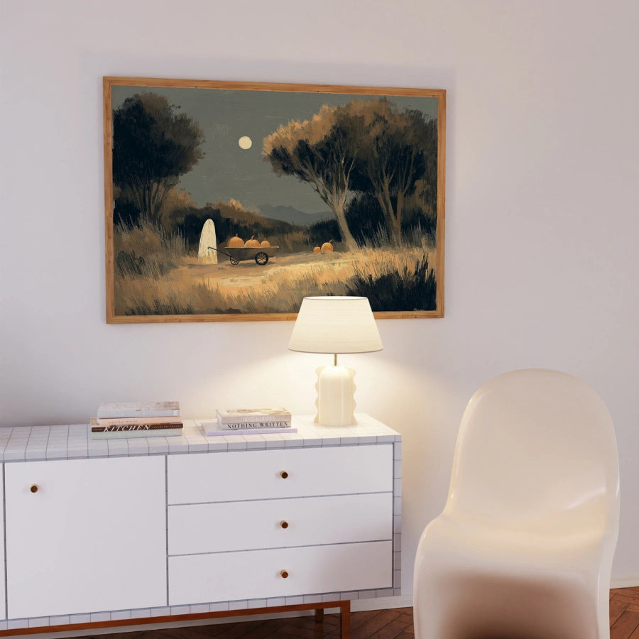 Stampa di Halloween con fantasmi e zucche – Arte popolare della notte autunnale