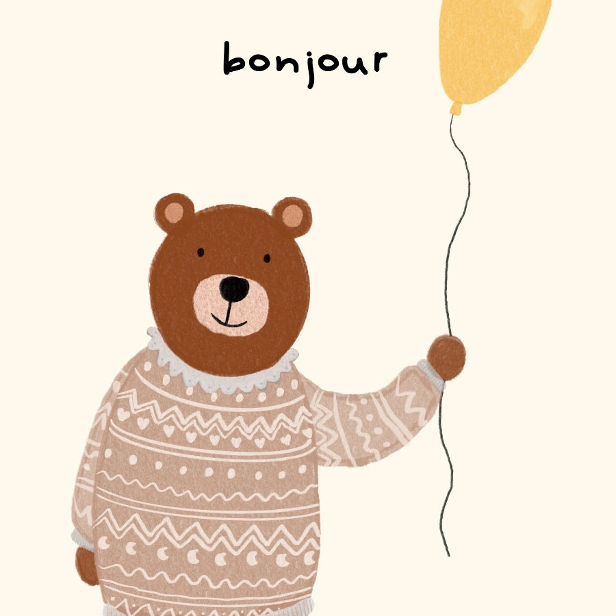 Bonjour Bear Wall Art – Graziosa stampa per la cameretta dei bambini con maglione e palloncino