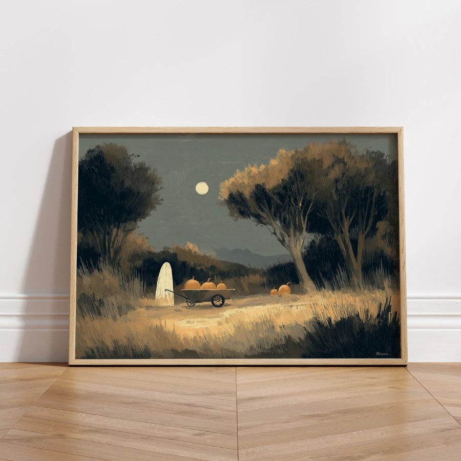 Stampa di Halloween con fantasmi e zucche – Arte popolare della notte autunnale