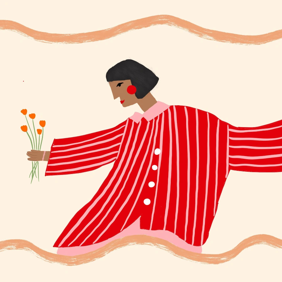 Arte murale raffigurante una donna a strisce rosse – Stampa femminile moderna massimalista