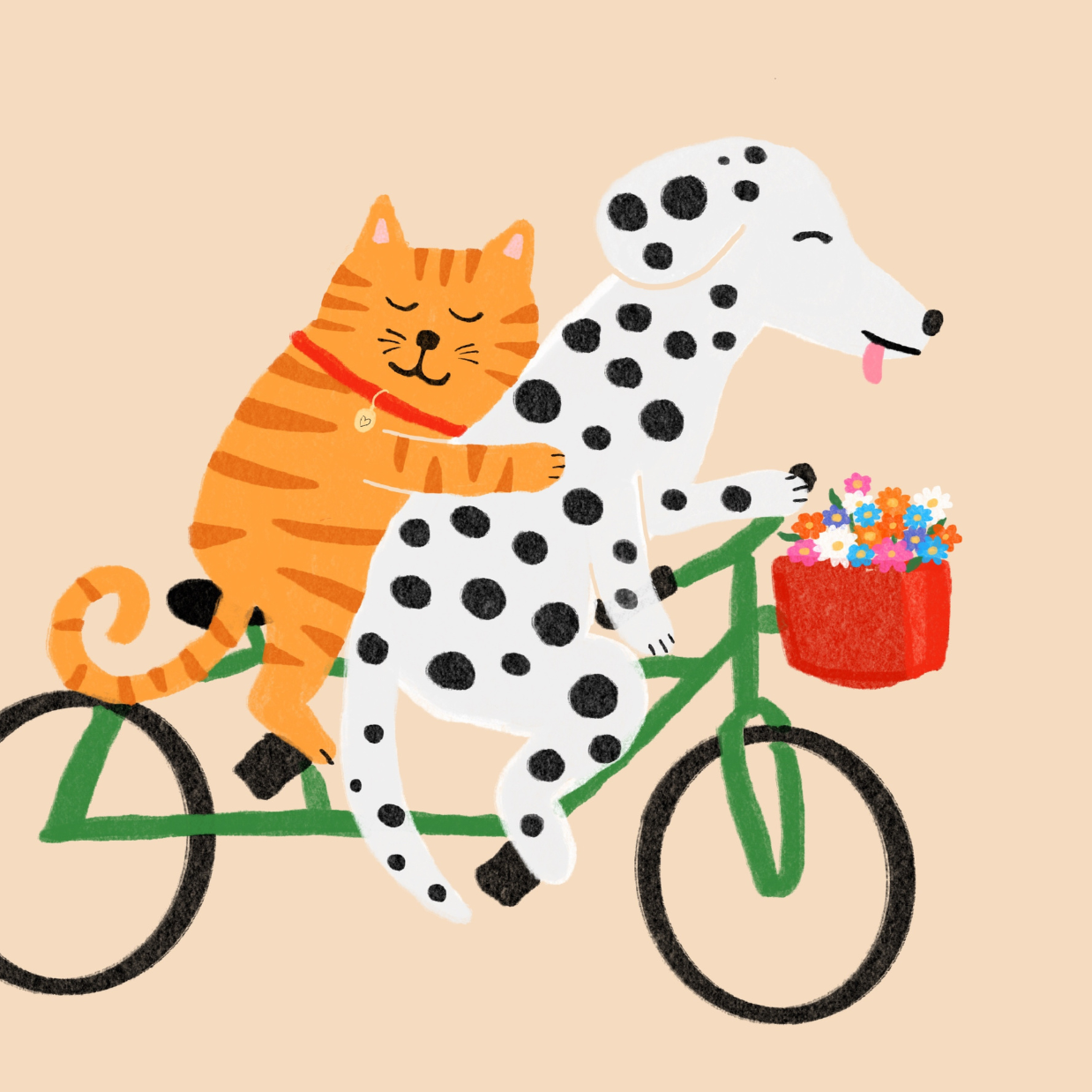 Stampa di gatto e cane in bicicletta: simpatica decorazione murale con animali per bambini