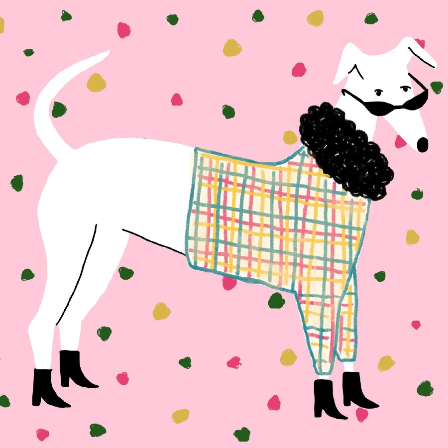 Decorazione murale con cane stravagante: stampa di un cane bianco con maglione