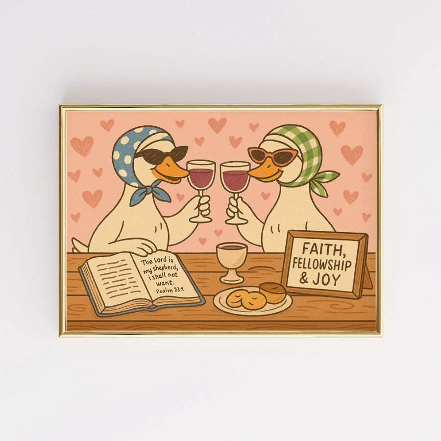 Anatre bibliche che bevono vino - Stampa murale divertente cristiana