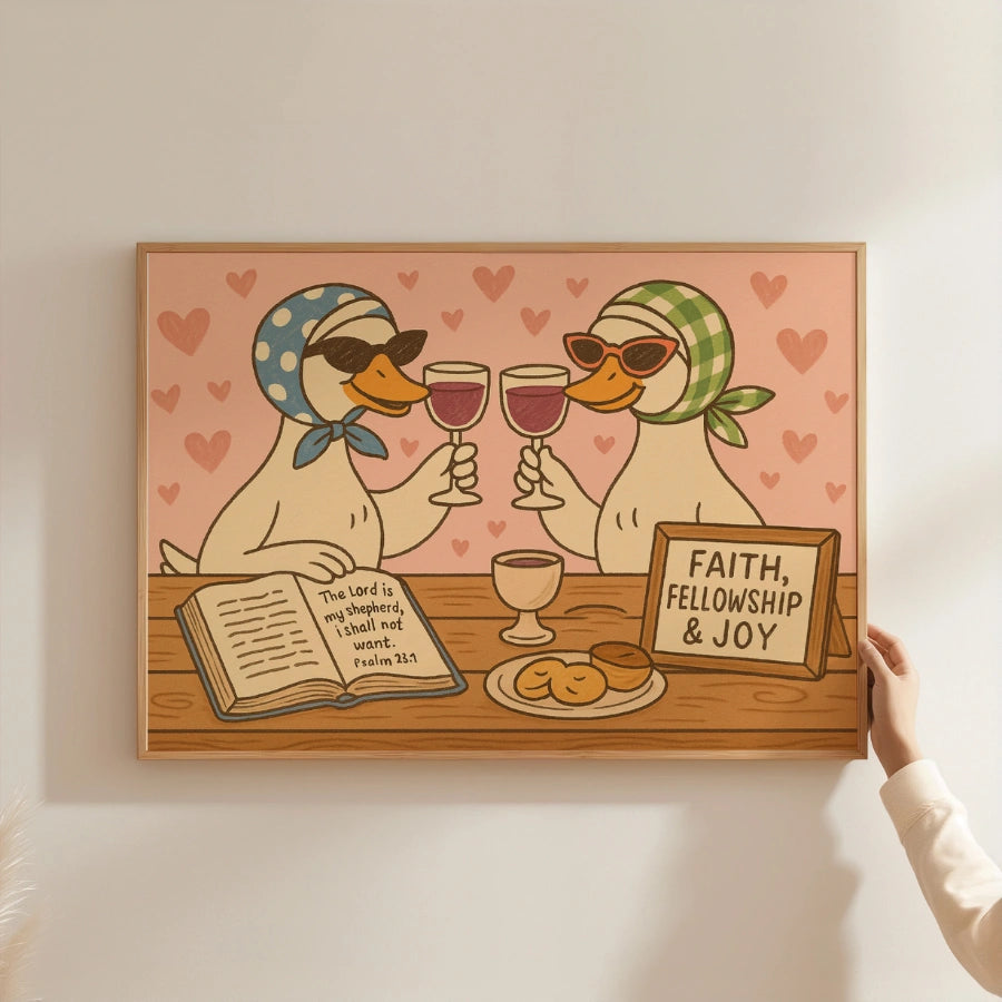 Anatre bibliche che bevono vino - Stampa murale divertente cristiana