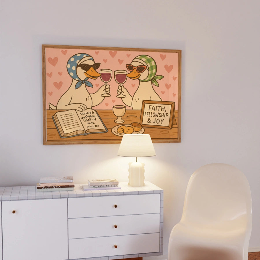 Anatre bibliche che bevono vino - Stampa murale divertente cristiana