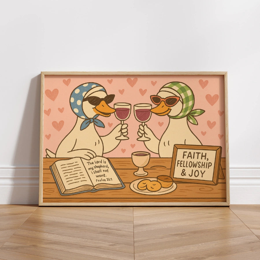 Anatre bibliche che bevono vino - Stampa murale divertente cristiana