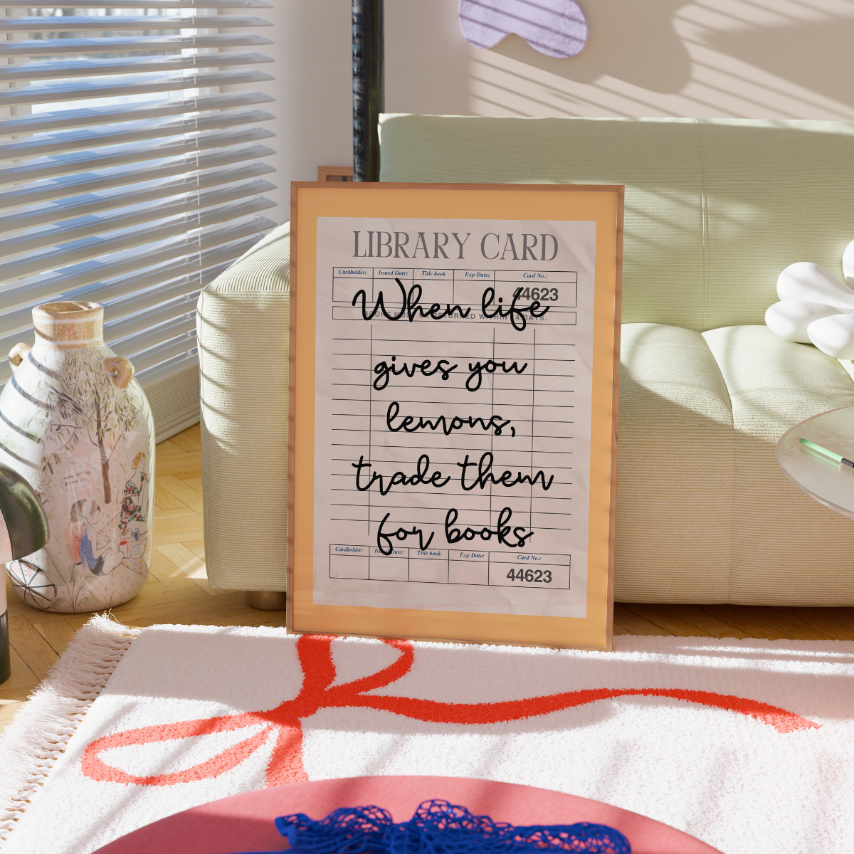 Stampa Limoni e Libri – Parete con tessere di biblioteca d'epoca