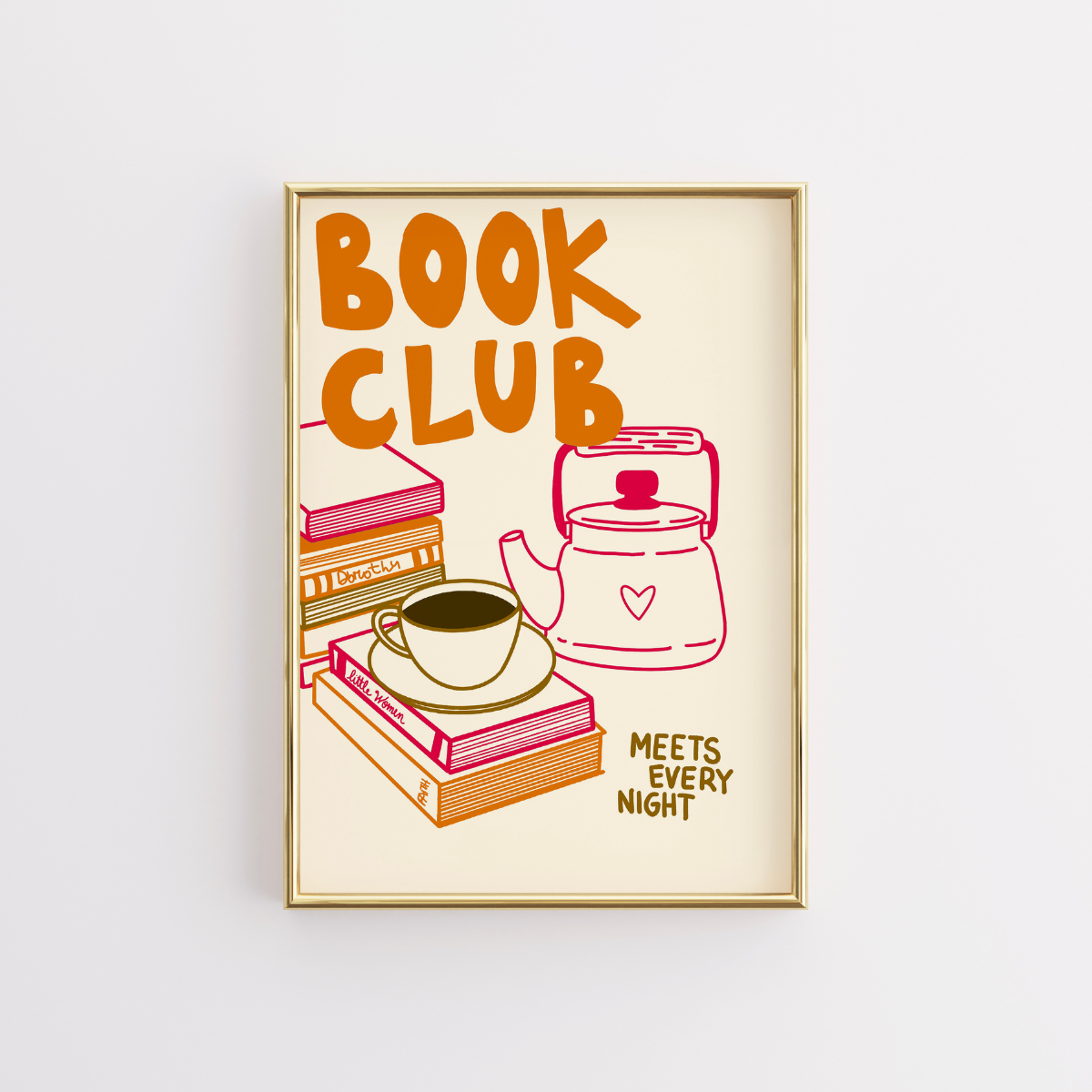 Stampa del club del libro – Arte murale accogliente con caffè e pila di libri