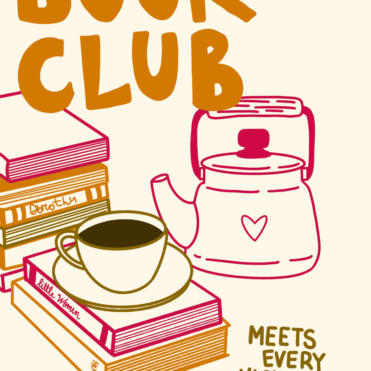 Stampa del club del libro – Arte murale accogliente con caffè e pila di libri