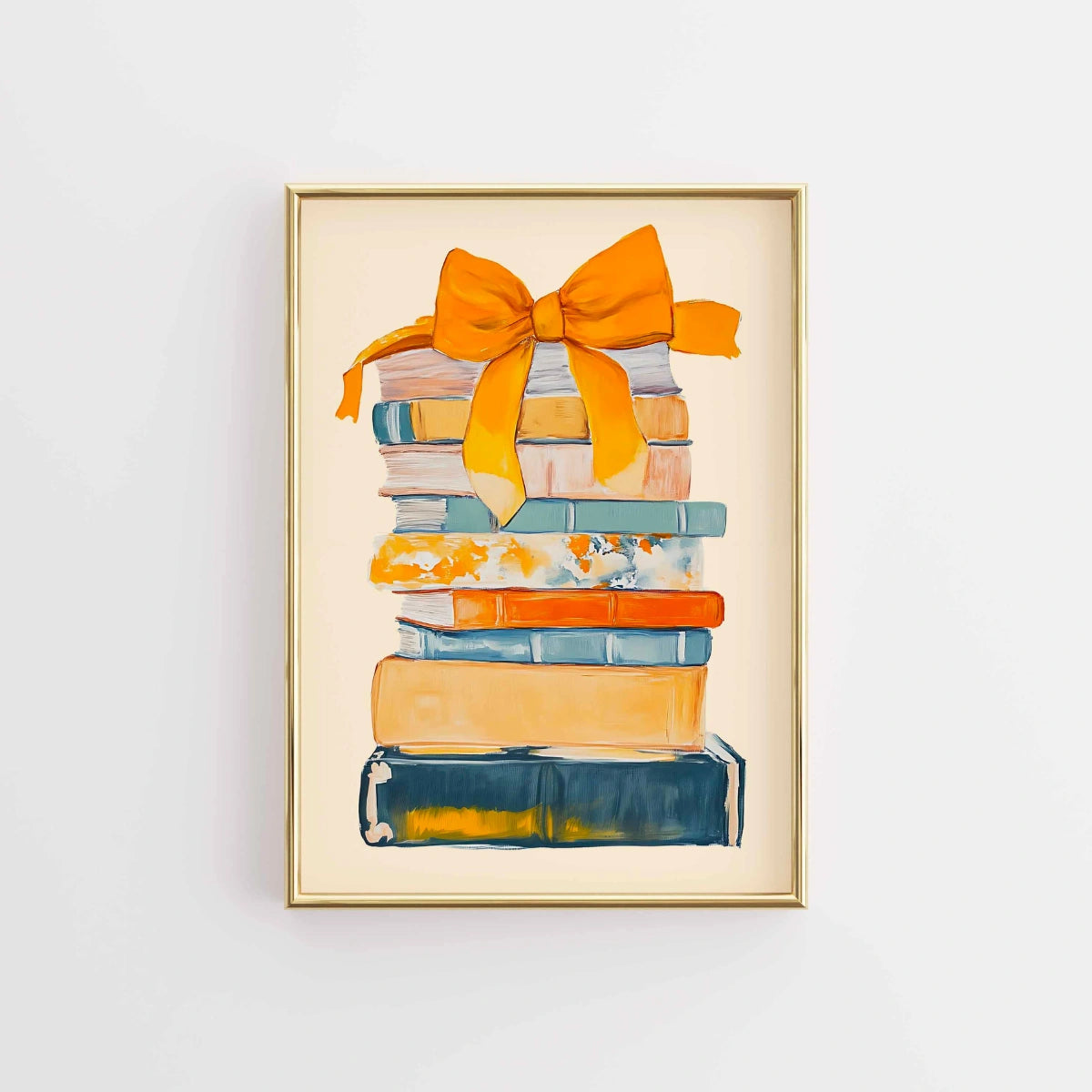 Pila di libri con fiocco arancione – Arte murale colorata ispirata ai libri