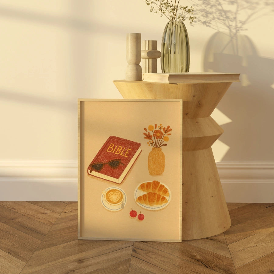 Arte murale con Bibbia e caffè - Stampa cristiana autunnale