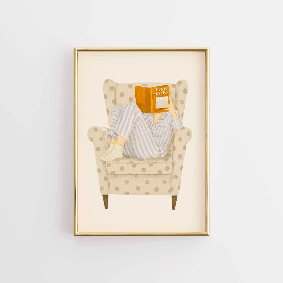 Stampa di Jane Austen che legge – Accogliente arte murale con libri