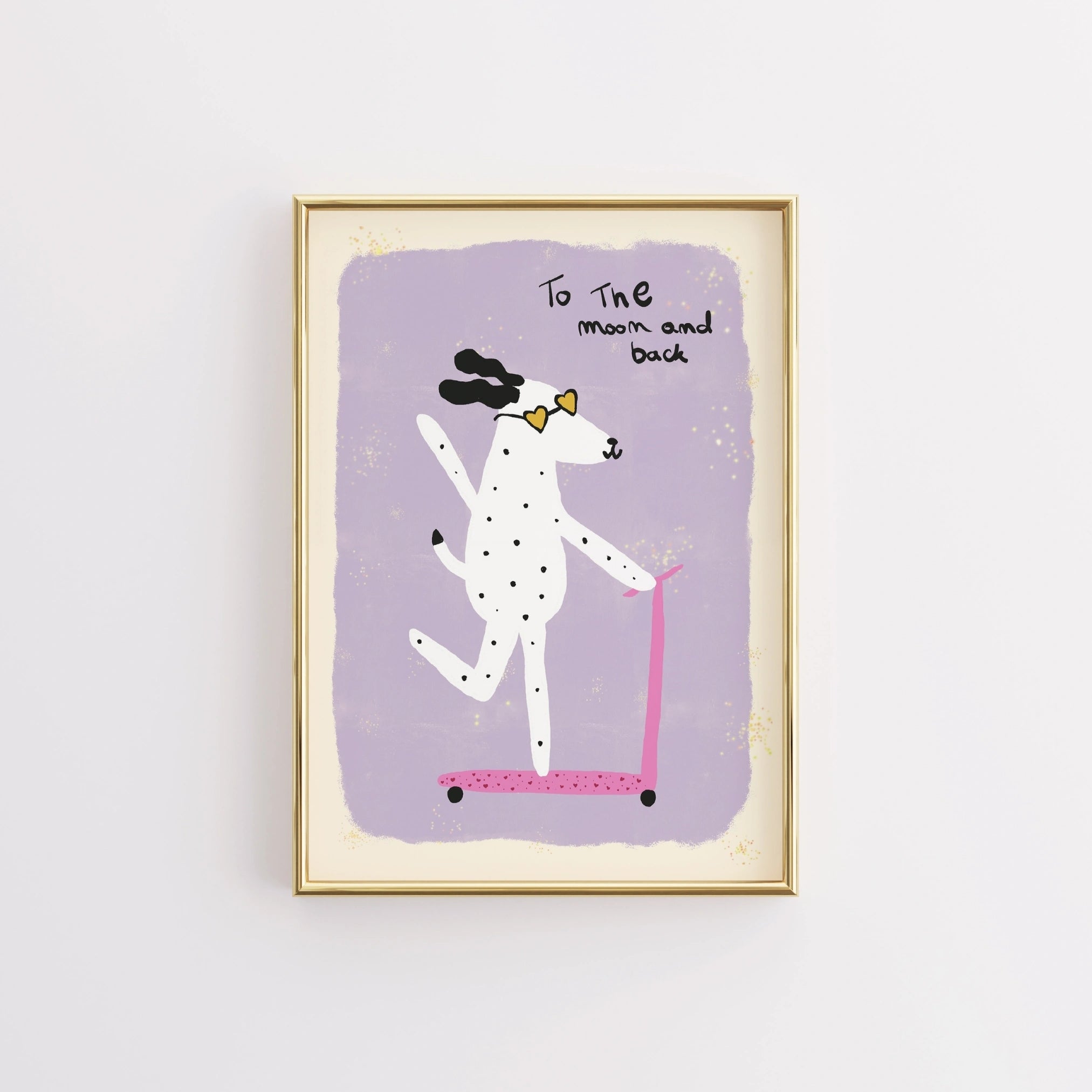 Stampa con cane sulla luna: simpatica decorazione murale con scooter per bambini