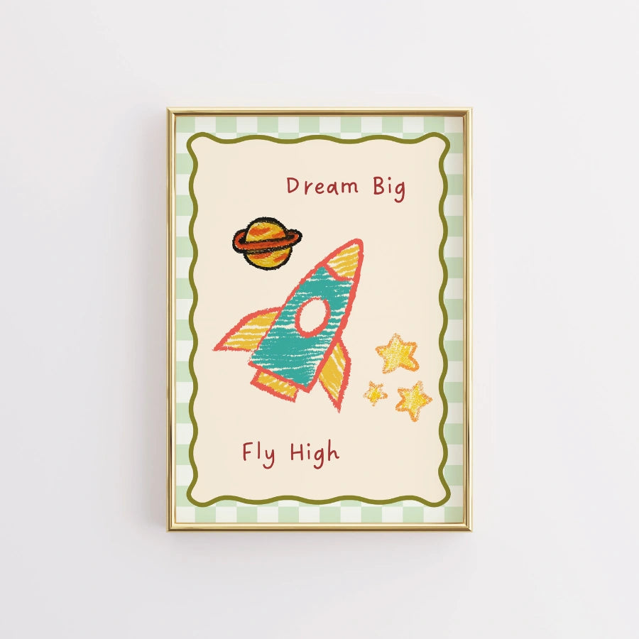 Stampa per cameretta dei bambini Rocket - Arte murale Dream Big Fly High