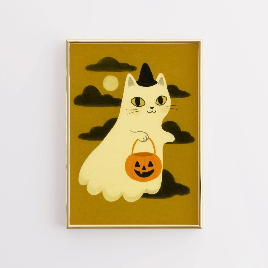 Stampa di Halloween con gatto fantasma – Simpatica decorazione murale con gattino strega
