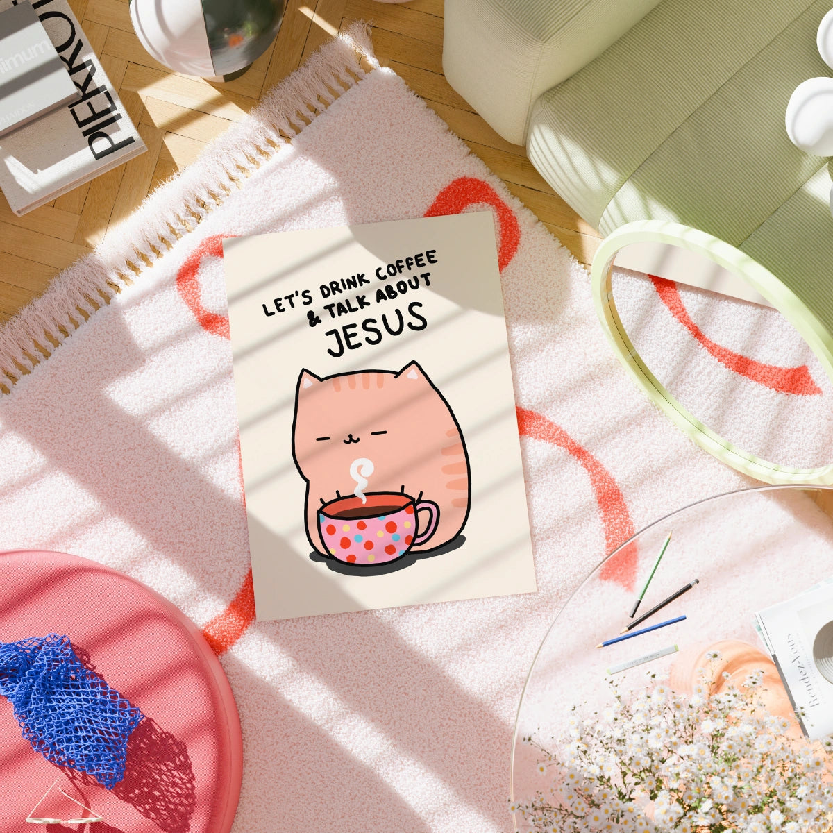 Stampa di caffè e Gesù – Arte murale cristiana con gatti