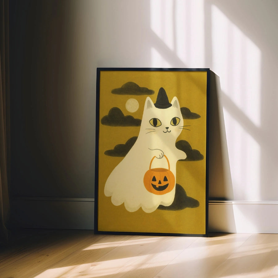Stampa di Halloween con gatto fantasma – Simpatica decorazione murale con gattino strega