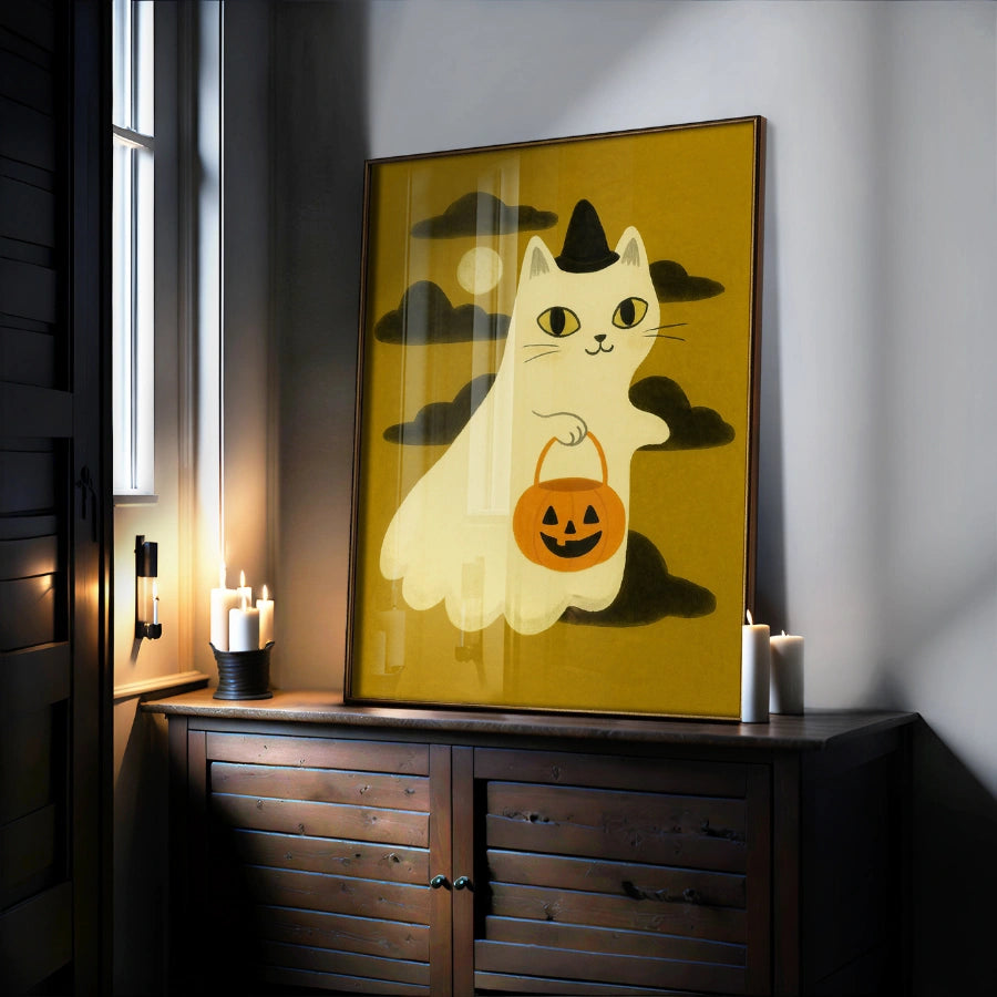 Stampa di Halloween con gatto fantasma – Simpatica decorazione murale con gattino strega