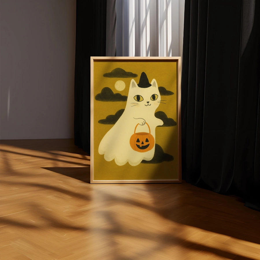 Stampa di Halloween con gatto fantasma – Simpatica decorazione murale con gattino strega