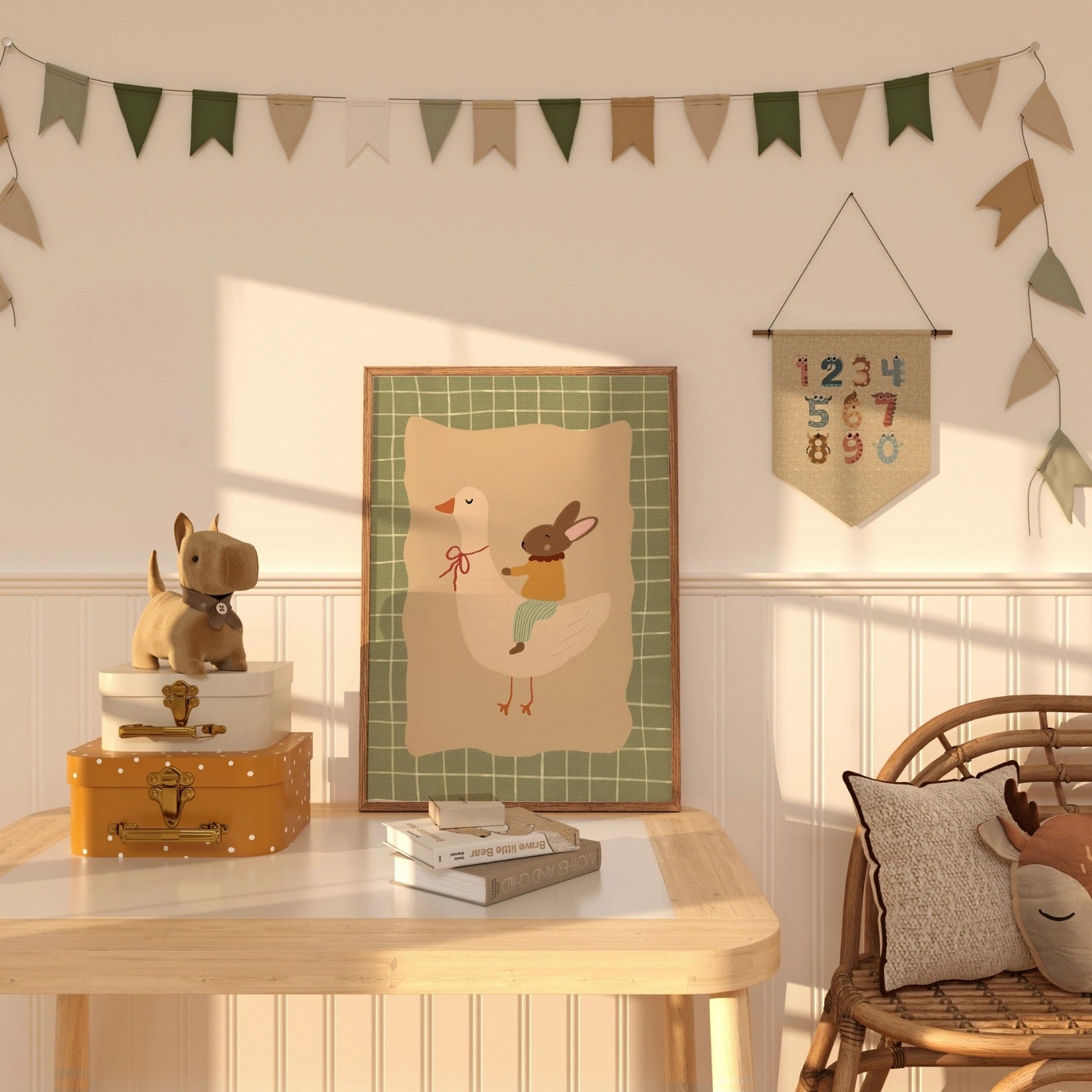 Stampa per cameretta dei bambini con oca e coniglio